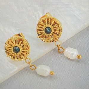 Gold Pearl Drop Earrings with Teal Crystal Accent